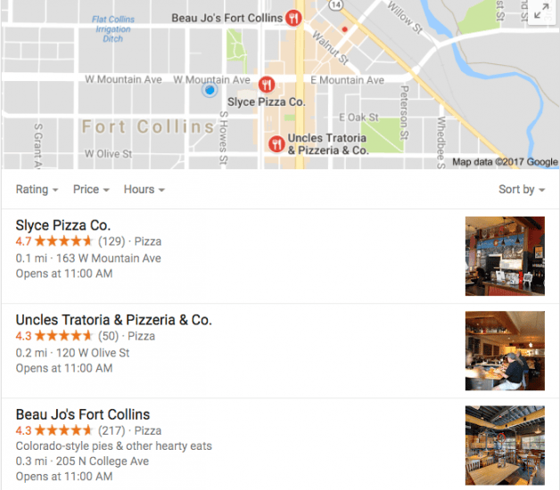 Local SEO example of a listing of pizza restaurants under a Google Map