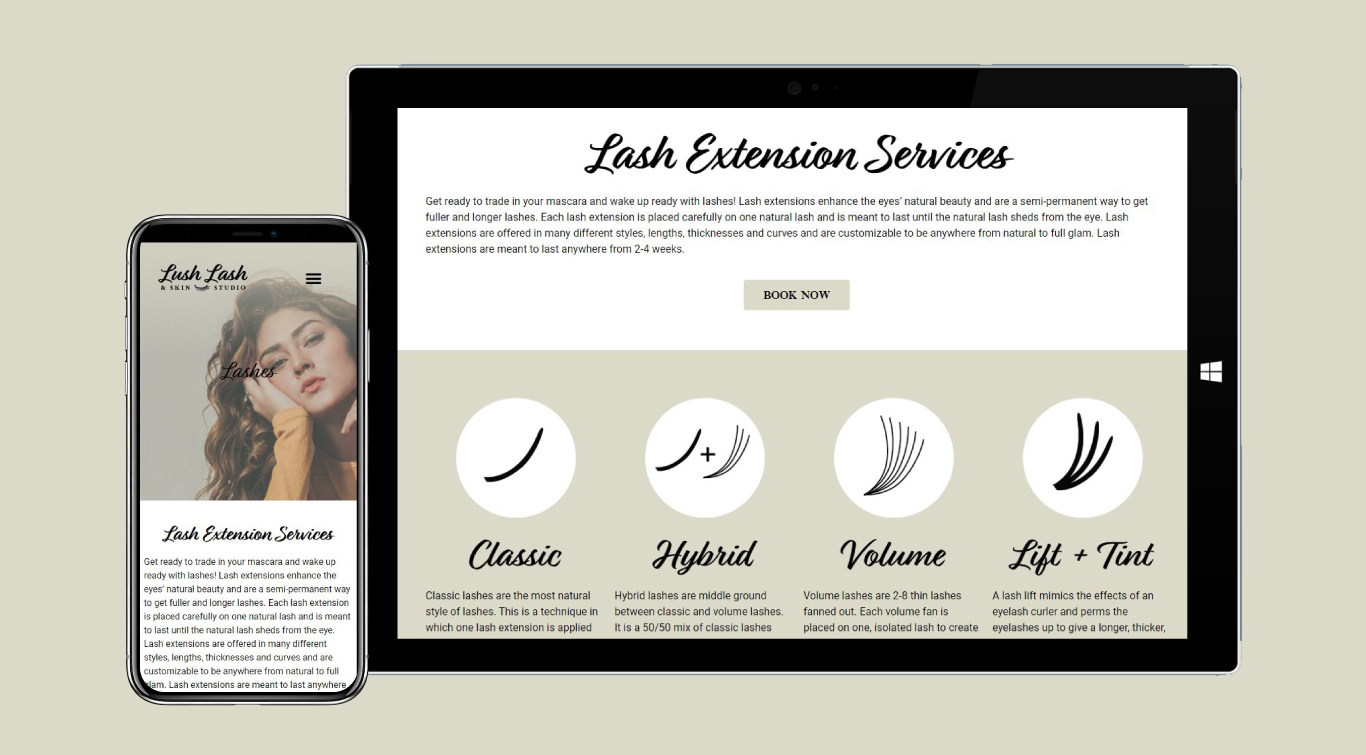 lush lash web site design tablet view
