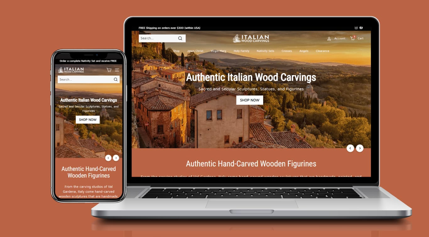 italian wood carvings home page shopify website by sage marketing group